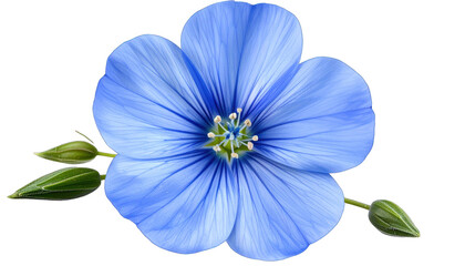 Delicate blue flower with five petals, buds, and a detailed center, isolated on black