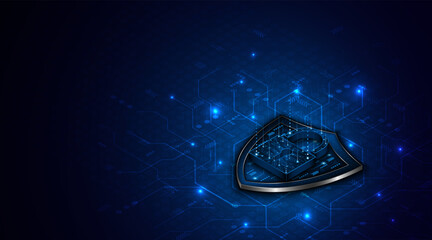 Cyber ​​security concept with shield symbol and lock. Data protection and cyber privacy. Innovative concept of advanced safety technology	