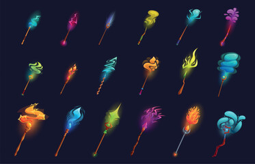Naklejka premium Witch light effects. Wooden magic wands and staffs in spells process. Vibrant lightning effect. Cartoon magical power elements, fairy tale sapid vector set