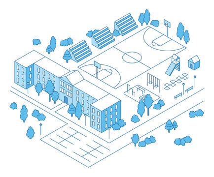 Isometric school concept. College, university building with sport court. Kindergarten playground, benches and park elements. Schoolyard nifty vector scene