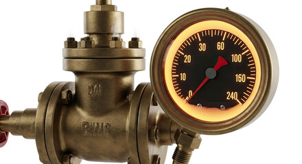 Close-up of a brass industrial valve with a glowing pressure gauge showing measurements against a white background.