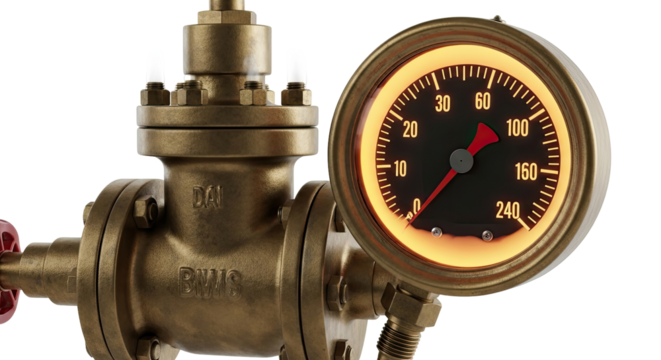 Close-up of a brass industrial valve with a glowing pressure gauge showing measurements against a white background. - Powered by Adobe
