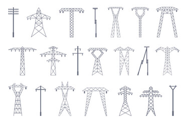 Electric pylons flat icons. Line poles silhouettes, high voltage pylon. Isolated power transmission infrastructure, energy network elements, sapid vector set
