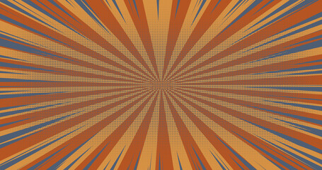 A vintage comic-style pop art burst background with radial lines and halftone dots in orange and blue tones. Perfect for dynamic designs, posters, retro themes, and graphic projects.