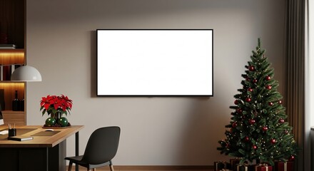Cozy modern interior setup for holiday celebrations, showcasing a large blank screen TV ready for your custom content, complete with a beautifully decorated Christmas tree and elegant workspace
