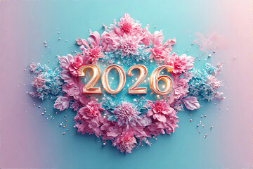 Golden 3D numbers 2026 New Year Festive Floral Design Background with Chrysanthemum Flowers, Sparkling Petals, Holiday Greeting, Party Invitation