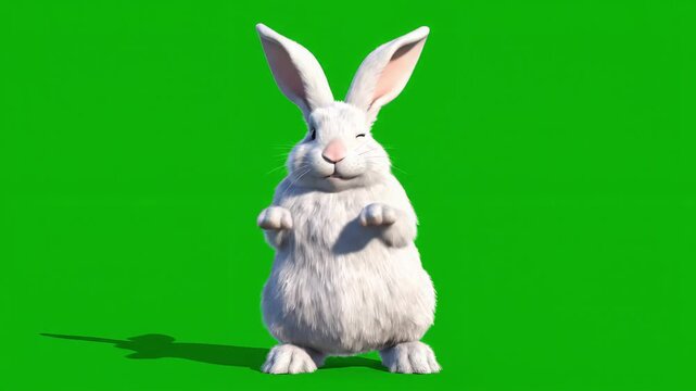 Cute white rabbit playfully dancing on green screen. Adorable white rabbit prancing around on a lively green screen.