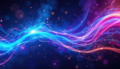 Modern abstract background with dynamic neon light trails and glowing particles