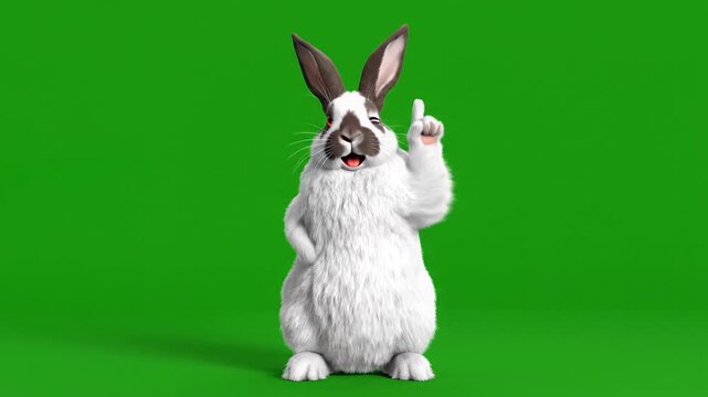 Happy butterfly rabbit dancing energetically on a lively green screen. Cartoon rabbit raising one paw on bright green background.  