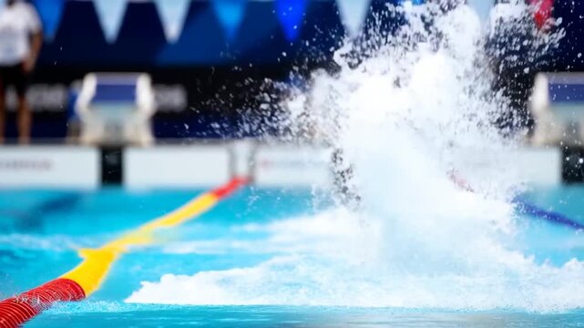 Slow-motion dive of a pro swimmer captured at water level.