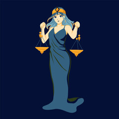 A beautiful woman holding a golden scale in her hands. Zodiac sign Libra. Vector illustration.