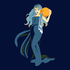 A beautiful girl with a golden jug on her shoulder pours water from it. Zodiac sign: Aquarius. Vector illustration.