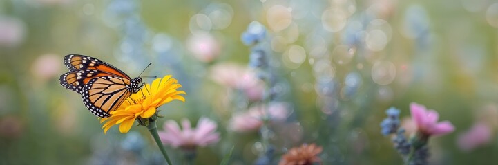 Obraz premium Close-up of a butterfly on yellow flowers, emphasizing delicate wing patterns, for nature photography, Earth Day