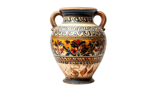 Ancient vase with intricate floral and geometric patterns, two handles, on a black background
