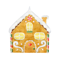 Beautiful fairytale watercolor gingerbread house isolated on white background.
