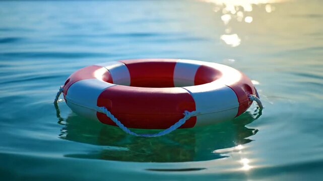 A red and white striped life preserver bobs gently on a turquoise sea under a bright, sunny sky