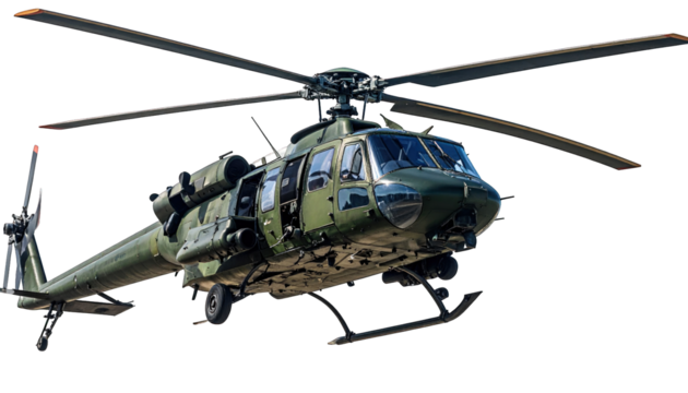 A military-style helicopter is captured in mid-air, painted olive green, ready