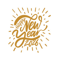 Gold hand lettered Happy New Year 2026 with bursting decorative rays surrounding the text.