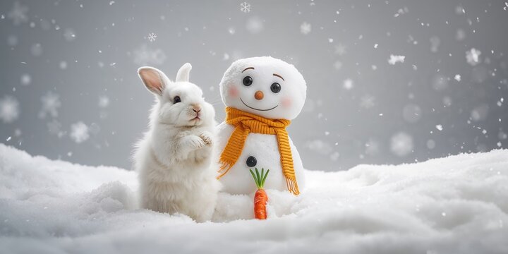 White rabbit and snowman, winter scene emphasizing seasonal preservation
