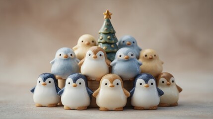 Obraz premium Ceramic statuettes of penguins and christmas tree