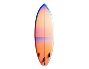 A surfboard, with an ocean sunset gradient, against a stark black background