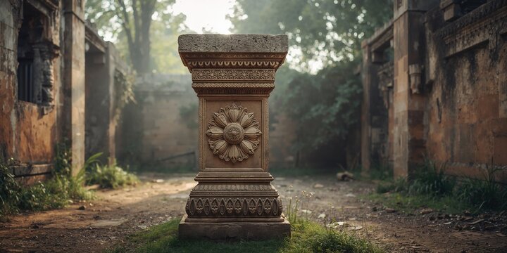 Stone pillar with flower petal carvings at Bhangarh Fort ruins highlights ancient craftsmanship, preservation focus