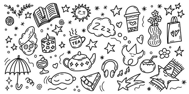 Cozy relax and spa doodle icons seamless background