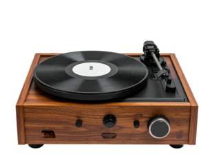 Vintage-style turntable with wooden frame, playing vinyl record, isolated black background
