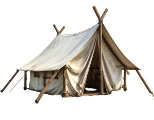 A rustic white canvas tent with wooden frame, pitched, isolated against black