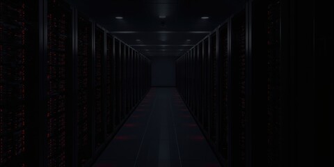 Panoramic view of server racks in a data center highlighting operational efficiency and hardware maintenance, technology awareness day