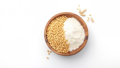 Wheat and flour in a wooden bowl, suitable for food preparation or bakery setup