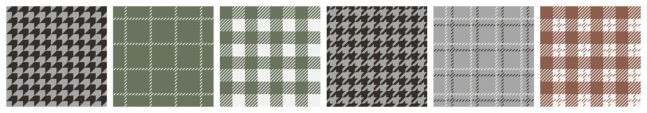 Set of abstract modern seamless monochrome classic traditional patterns of checkered and houndstooth designs; green, grey and brown colors, simple vector illustration, flat style