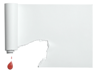 A white tube with a red drop of paint rolls out onto a torn white sheet