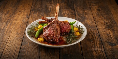 Roast rack of lamb accompanied by pepper and corn on a wooden table, emphasizing meat preparation for a dinner setting, World Meatless Day