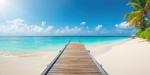 Naklejka premium Tropical country's beach with wooden pier, seasonal coastal erosion risk