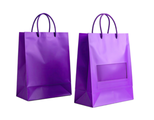 Two sleek, purple paper bags with handles and a transparent window on one
