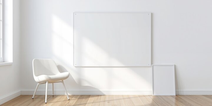 Empty chair positioned beside a whiteboard on a wall at home, suitable for educational or planning activities