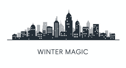 Fototapeta premium Stylized silhouette cityscape with buildings and windows against a white background with winter magic text