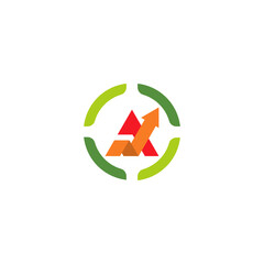 Creative vector icon with a progress arrow and monogram inside a circular frame, symbolizing success and corporate development
