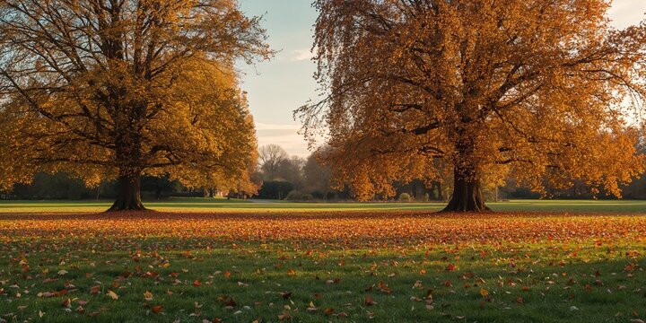 Panoramic view of trees and leaves foliage in an autumn park, emphasizing seasonal change and landscape preservation