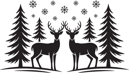 Reindeer Pair Icon in Line Style. Two reindeer standing with snowflakes and trees in the background