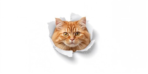 Portrait collage of a playful red cat seen through torn white paper, emphasizing feline curiosity and texture detail