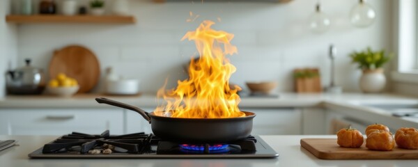 Frying Pan with Flames in Kitchen