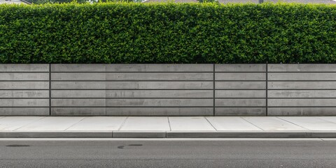 House fence made of concrete blocks topped with dense hedge, serving as a privacy barrier, urban safety awareness