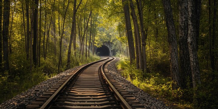 Rails with trees in a scenic landscape, emphasizing natural preservation and seasonal change