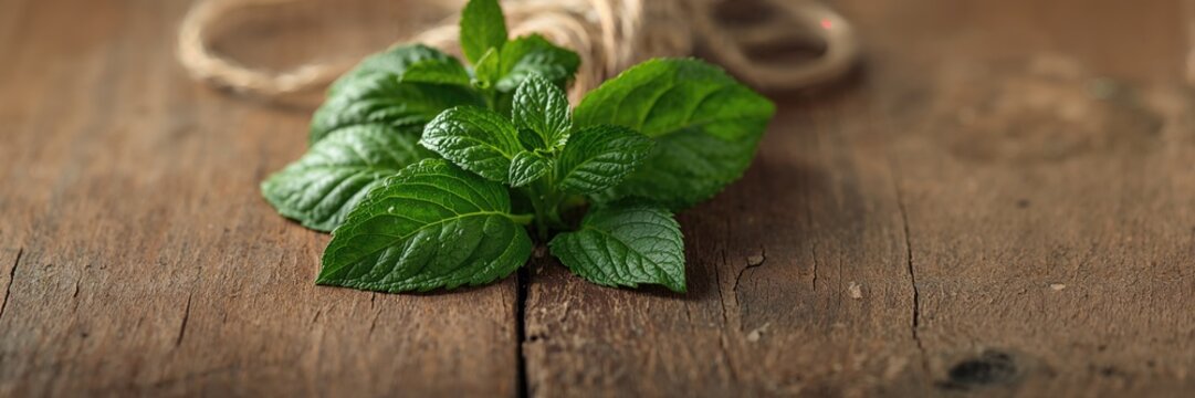 Closeup of lemon balm leaves and rope on wooden surface, suitable for herbal product background