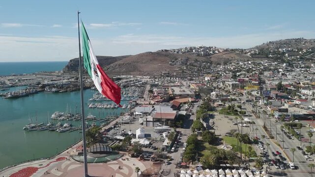 Ensenada Metropolitan by the Bay Shoreline with Huge Mexican Flag Yachts Ship Yard