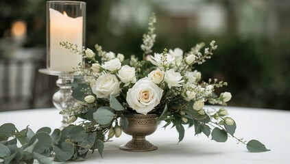Table Decoration with White Flowers and Candle, ideal for event centerpiece, seasonal celebration