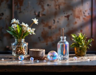 Still Life with Flowers, Crystals, and Aromatherapy