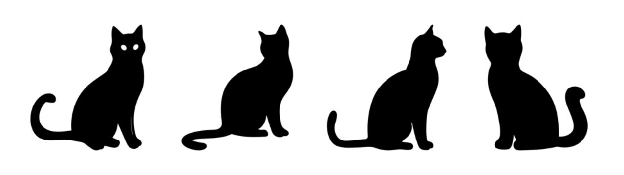 Four black cat silhouettes sitting in various poses with subtle texture detail